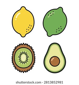 Hand drawn vector illustration featuring lemon lime and sliced kiwi with avocado fruits perfect for menu design healthy diet.