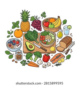 Hand drawn vector illustration featuring a variety of fresh vegetables fruits salmon bread nuts and salad ingredients for healthy eating