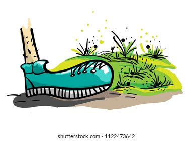 Hand drawn vector illustration feet in shoes out of the grass.