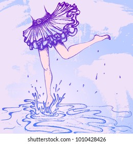 Hand drawn vector illustration. Female feet running through puddles on a grunge background. Comic style
