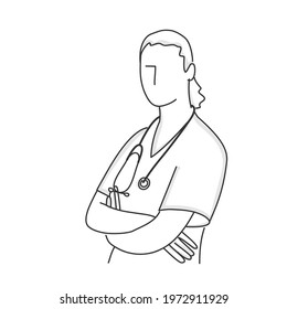 Hand drawn vector illustration of female nurse with crossed arms.