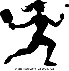 A hand drawn vector illustration of a female Pickleball Player serving a ball.