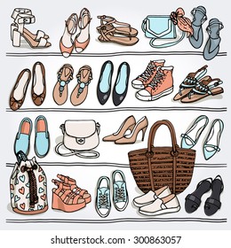 Hand drawn vector Illustration of female fashion accessories. Side view of shoes and bags on shelf  