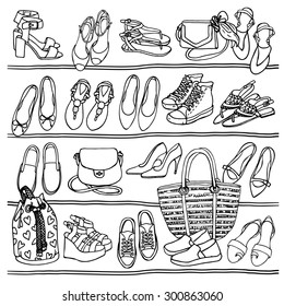 Hand drawn vector Illustration of female fashion accessories. Side view of shoes and bags on shelf  