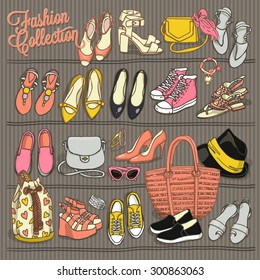 Hand drawn vector Illustration of female fashion accessories. Side view of shoes and bags on shelf  