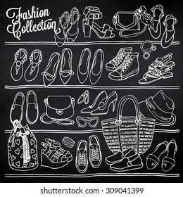 Hand drawn vector Illustration of female fashion accessories on chalkboard. Side view of shoes and bags on shelf. Black and white sketch
