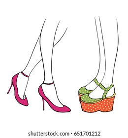 Hand drawn vector illustration female legs in cute trendy shoes    magenta ankle straps and kitten heels   Mary Jane platforms in green   orange and yellow polka dots  Isolated objects  