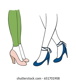 Hand drawn vector illustration female legs in beautiful trendy shoes    thick heeled pink pumps   blue stiletto ankle straps  Isolated objects white background  Fashion design concept 