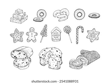 Hand drawn vector illustration of festive Christmas treats and sweets, including gingerbread cookies, candy canes, lollipops, stollen, panettone and other holiday desserts for holiday design projects.