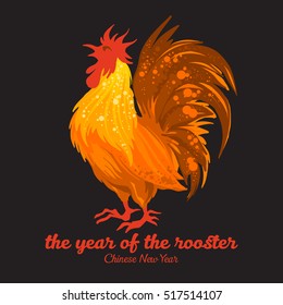 Hand drawn vector illustration of fiery rooster - symbol of the Chinese horoscope. Happy New Year greeting card. Concept of fire bird, red cock on black background