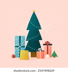 Hand drawn vector illustration with fir, gift boxes, toys, and snow. Cozy scene of fir tree decorated for xmas. Flat art to celebrate happy new year, xmas and hello winter. Square postcard or banner.