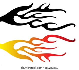 hand drawn vector illustration of fire or flames design in hot rod car decal style, in black silhouette and color pattern of gradient yellow orange and red hues