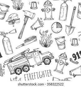 Hand drawn vector illustration - firefighter. Seamless pattern