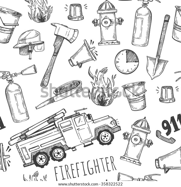 Hand drawn vector illustration - firefighter.\
Seamless pattern