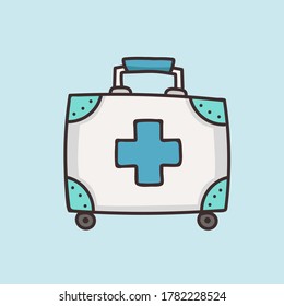 Hand Drawn Vector Illustration of a First Aid Kit on blue background.The Paramedic's Doodle Bag for Web,Graphic,Design.Medical Element.
