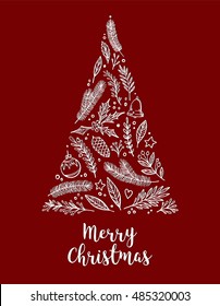 Hand drawn vector illustration - Fir-tree with holiday elements composition. Merry Christmas card with lettering. Perfect for invitations, greeting cards, prints, flyers, posters etc