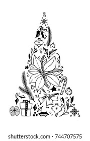 Hand drawn vector illustration - fir-tree with holiday elements composition. Merry Christmas card. Perfect for invitations, greeting cards, prints, flyers, posters etc