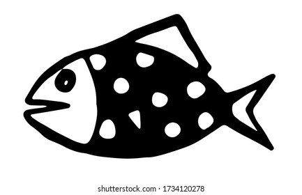 Hand drawn vector illustration of fish. Doodle outline illustration of sea creature isolated on white background. Cute drawing for children. Template for coloring, Black design element