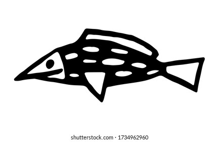 Hand drawn vector illustration of fish. Doodle outline illustration of sea creature isolated on white background. Cute drawing for children. Template for coloring, Black design element