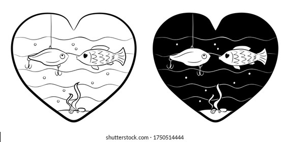 Hand drawn vector illustration of a fish that fell in love with a bait. Heart-shaped look inside the underwater world. Love is blind. Illustration for a children's book, coloring, prints etc.