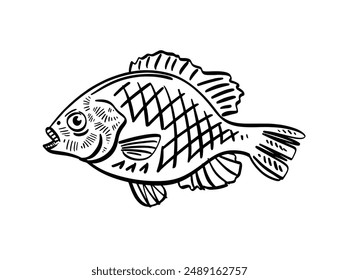 Ilustración vectorial dibujada a mano de pescado aislado. Esbozo de tinta de línea retro de pescado