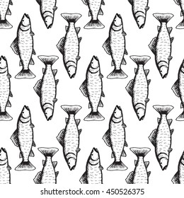 Hand drawn vector illustration, fish seamless pattern on white background, vintage pattern, textile, wallpaper