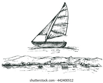 Hand drawn vector illustration. A fisherman in a boat on mountain landscape.