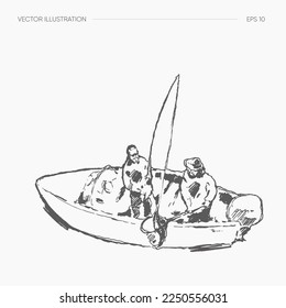 Hand drawn vector illustration of fishermen on a boat fishing with a fishing rod
