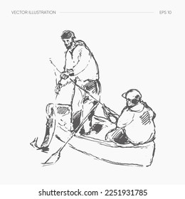 Hand drawn vector illustration of fishermen on a boat fishing with a rod