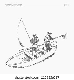 Hand drawn vector illustration of fishermen on a boat fishing with a rod