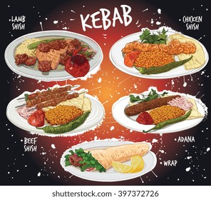 Handgezeichnete Vektorillustration-Illustration von fünf beliebtesten türkischen Kebab-Variationen, darunter Lamm-Shish, HühnerShish, Beef Shish, Adana und Wrap Kebabs.