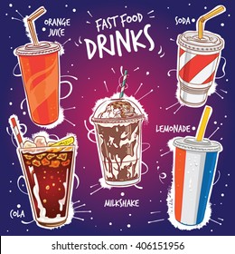 Hand drawn vector illustration of five popular Fast Food Drinks, cola, soda, milkshake, lemonade and orange juice.