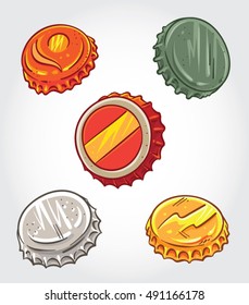 Hand drawn vector illustration of five Beer caps on white background.