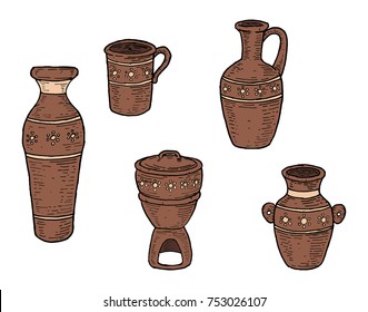 Hand drawn vector illustration of five Mexican clay pottery objects. 