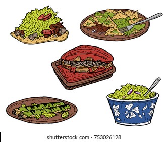 Hand Drawn Vector Illustration Of Five Traditional Mexican Dishes, Incluiding Tostada, Chilaquiles, Torta Ahogada, Flautas And Pozole.