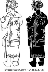 Hand drawn vector illustration in flat cartoon style.Geisha white face in Kyoto at night.Triangle japanese grapic Geisha in Gion Kyoto.