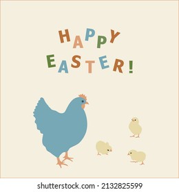 hand drawn vector illustration in flat style - happy easter hen and chicken card - spring sale kid