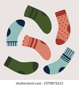 Hand drawn vector illustration of flat socks in different colors. Cute, winter holidays, bright modern concept. For wallpaper, texture, background, gift wrap, print