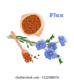 Hand drawn vector illustration of flax plant and seeds in sack and spoon 