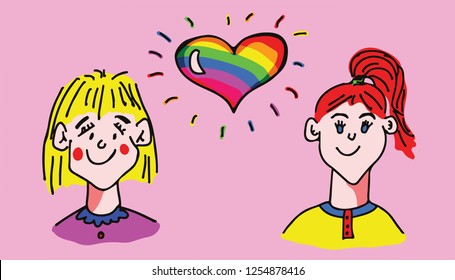 Hand drawn vector illustration of a floating rainbow heart between two woman for the concept: same-sex marriage.