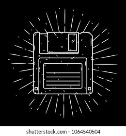 Hand drawn vector illustration with Floppy disk and divergent rays. Used for poster, banner, web, t-shirt print, bag print, badges, flyer, logo design and more. 