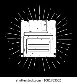Hand drawn vector illustration with Floppy disk and divergent rays. Used for poster, banner, web, t-shirt print, bag print, badges, flyer, logo design and more. 