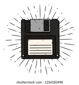 Hand drawn vector illustration with Floppy disk and divergent rays. Used for poster, banner, web, t-shirt print, bag print, badges, flyer, logo design and more. 