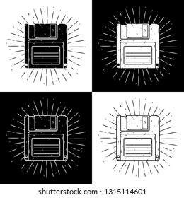 Hand drawn vector illustration with Floppy disk and divergent rays. Used for poster, banner, web, t-shirt print, bag print, badges, flyer, logo design and more. 