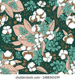 HAnd drawn vector illustration of floral foliage composition with cotton flowers. Surface seamless pattern