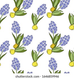 Hand drawn vector illustration floral seamless pattern with blue flowers  hyacinth with bulb on white background. Floral design for textile, wallpaper, wrapping, greeting card, scrapbooking, wedding