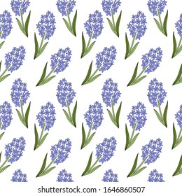 Ilustración vectorial dibujada a mano, con un patrón sin fisuras floral con flores ramo azul jacinto sobre fondo blanco. Diseño floral para textiles, papel pintado, envoltura, tarjeta de felicitación, scrapbooking, boda