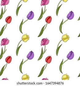 Hand drawn vector illustration floral seamless pattern with  colorful bouquet flowers tulips on white background. Floral design for textile, wallpaper, wrapping, greeting card, scrapbooking, wedding