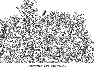 Ilustración vectorial dibujada a mano, elementos florales en estilo doodle