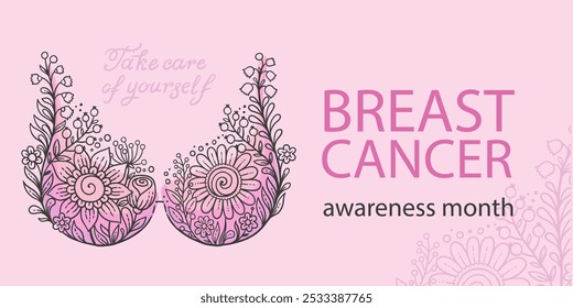 Hand drawn vector illustration. Floral lace bra and text breast cancer awareness month. Medical background in October